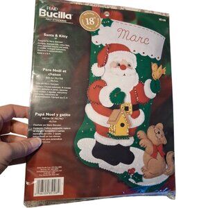 Bucilla Plaid new Felt Stocking Kit 85108 Santa & Kitty USA 18" Christmas